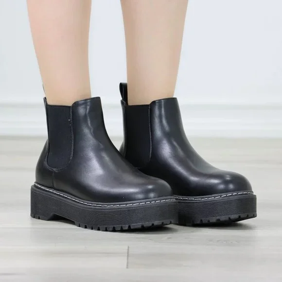 Womens Combat Boots Slip On Platform Chelsea Bootie Chunky Lugged Sole - Picture 7 of 13